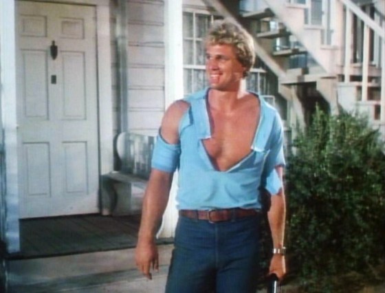 As if his skintight superhero costume wasn't enough to please flesh-hungry audiences, Captain America 2: Death Too Soon (1979) depicts Steve Rogers with a ripped shirt.